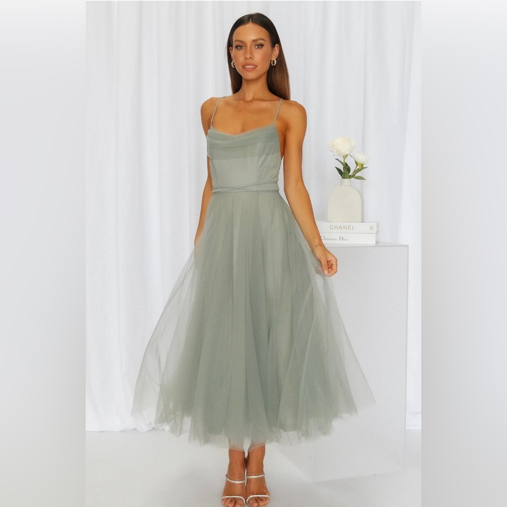 FLOATING BY PLEATED NECKLINE MESH MIDI DRESS SAGE